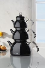 Neva Siyah Emaye 3 Katlı Çaydanlık Takımı