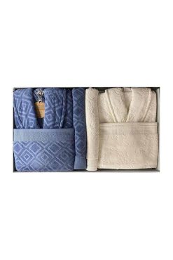 Özdilek Pastoral Krem Lacivert Aile Bornoz Seti