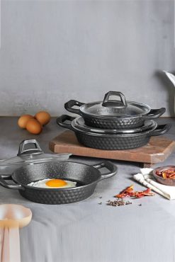 First Class Granit Döküm Sahan Seti Kapaklı – 3’lü Dayanıklı ve Yapışmaz Tava Seti