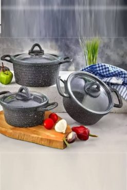 First Class 3’lü Granit Döküm Derin Tencere Seti – Cam Kapaklı, Yapışmaz, Dayanıklı