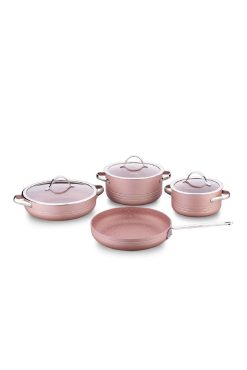 Korkmaz A2619 Linea 7 Parça Tencere Seti - Rosagold | Granit Efektli, Yapışmaz, Cam Kapaklı