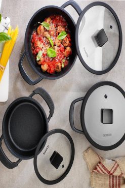Schafer Hektor 3’lü Döküm Tencere Seti – 6 Parça, Siyah, Cam Kapaklı, Isıya Dayanıklı