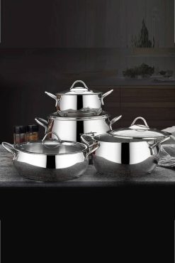 First Class 8 Parça Çelik Güveç Tencere Seti Platin | Paslanmaz Çelik Kapaklı Lüks Tencere Takımı