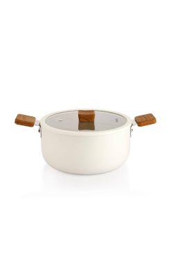 Schafer Ceramoni 24 cm Seramik Derin Tencere – Krem, Cam Kapaklı ve Yapışmaz