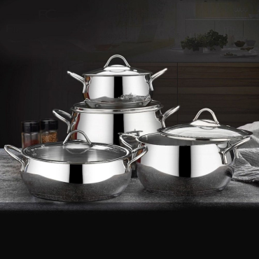 First Class 8 Parça Çelik Güveç Tencere Seti Platin | Paslanmaz Çelik Kapaklı Lüks Tencere Takımı