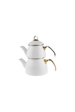 Akgül Piramit Emaye Çaydanlık – Beyaz, Altın Detaylı Şık ve Dayanıklı Tasarım