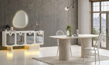 MDF Allure Yemek Odası Takımı (Sandalyesiz) | Heykelsi Flüt Ayaklı Masa, Oval Aynalı Konsol ve Işıklı Asimetrik Ayna