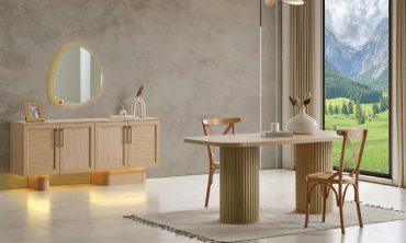 MDF Azure Yemek Odası Takımı (Sandalyesiz) | Naturel Ahşap, Flüt Ayaklı Masa ve Panjur Kapaklı Konsol