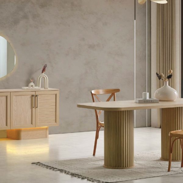 MDF Azure Yemek Odası Takımı (Sandalyesiz) | Naturel Ahşap, Flüt Ayaklı Masa ve Panjur Kapaklı Konsol