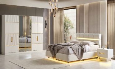 MDF Basel Yatak Odası Takımı | Lüks Gold Detaylı, 3D Desenli Gardırop ve Işıklı Karyola