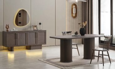 MDF Borjen Konsol ve TV Ünitesi (Yemek Odası Uyumlu) | Koyu Ahşap, Panjur Detaylı ve Asimetrik Raf