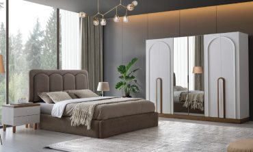 MDF Demre Yatak Odası Takımı | Modern Kemer Gardırop, Yarım Ay Başlık ve Ahşap Süpürgelik Detayı