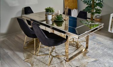 Lüks Diamond Yemek Masası | Aynalı Cam Tabla, Gold (Altın) Metal Ayaklı ve Modern Tasarım