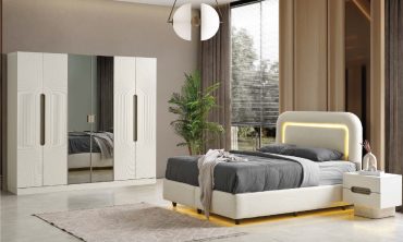 MDF Elegante Yatak Odası Takımı | Modern Tasarım, LED Işıklı Başlık ve Lake Görünümlü Gardırop