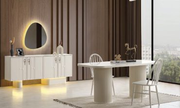 MDF Garda Yemek Odası Takımı (Sandalyesiz) | Flüt Ayaklı Masa, Kavisli Çerçeveli Konsol ve Işıklı Asimetrik Ayna