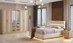 MDF Helis Yatak Odası Takımı | Naturel Ahşap Çerçeveli, LED Işıklı Başlık ve Geniş Gardırop