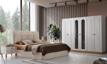 MDF Lara Yatak Odası Takımı | Modern Kemer Formlu Gardırop, Yarım Ay Başlık ve Beyaz/Krem Lake Stil