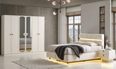 MDF Lumina Yatak Odası Takımı | Beyaz Lake Görünümlü, Oval Aynalı ve LED Işıklı Başlık