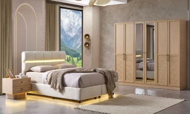 MDF Lupin Yatak Odası Takımı | Doğal Ahşap Görünüm, LED Işıklı Başlık ve Lambri Kapaklı Gardırop