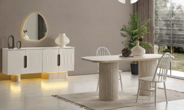 MDF Luxia Yemek Odası Takımı (Sandalyesiz) | Heykelsi Flüt Ayaklı Masa, Işıklı Konsol ve Oval Kabartma Desen