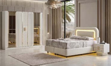 MDF Merlin Yatak Odası Takımı | Lüks Gold Detaylı, Geometrik Desenli ve Işıklı Karyola