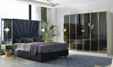 MDF Napoli Yatak Odası Takımı | Lüks Gold Çerçeveli Füme Ayna Gardırop ve Fan Desenli Kadife Başlık