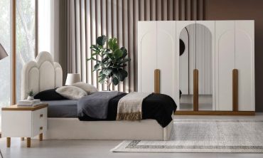 MDF Olimpos Yatak Odası Takımı | Modern Kemer Formlu Gardırop, Yarım Ay Başlık ve Ahşap Detaylı Lüks Stil