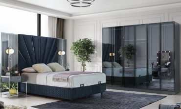 MDF Paris Yatak Odası Takımı | Lüks Füme Cam Gardırop, Fan Desenli Kadife Başlık ve Işıklı Makyaj Masası