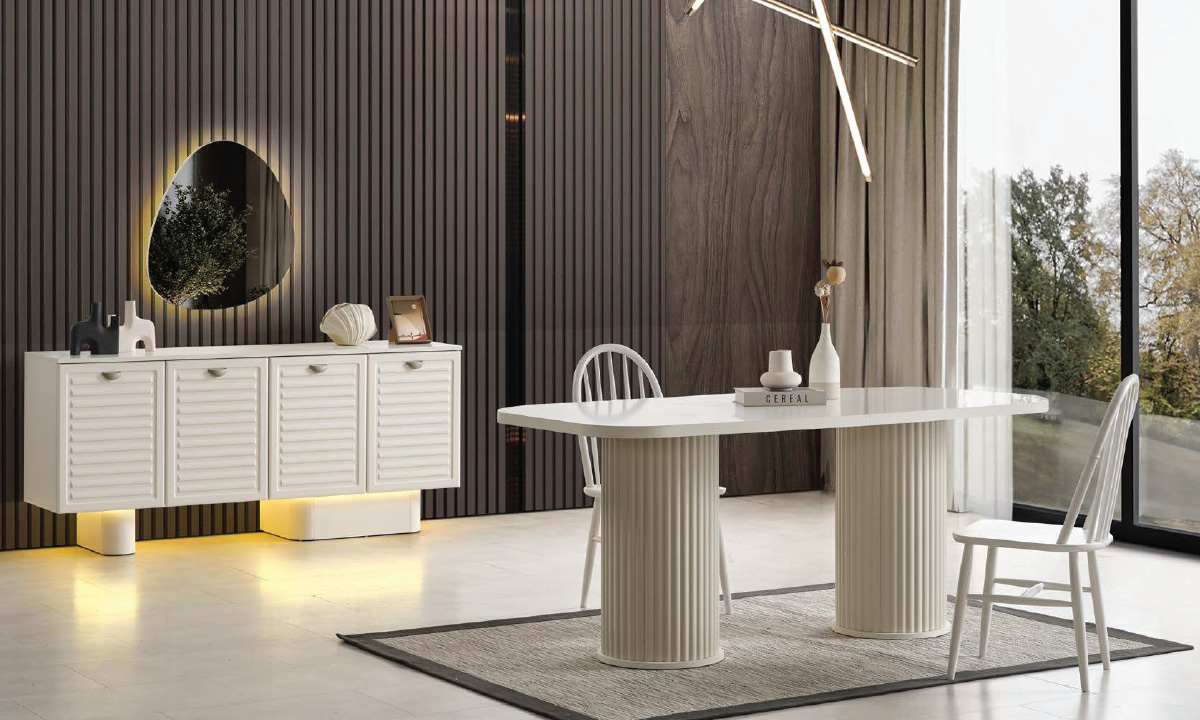 PİENDA YEMEK OT MDF Pienda Yemek Odası Takımı (Sandalyesiz) | Flüt Ayaklı Masa, Panjur/Fitil Desenli Konsol ve Işıklı Asimetrik Ayna - Görsel 1