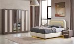MDF Piero Yatak Odası Takımı | Modern Gri Ahşap ve Beyaz Panel, LED Işıklı Başlık ve Aynalı Gardırop