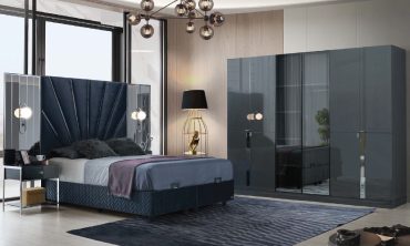 MDF Porto Yatak Odası Takımı | Lüks Füme/Gri Lake, Fan Desenli Kadife Başlık ve Boy Aynalı Gardırop