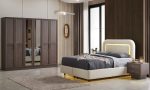 MDF Rebeka Yatak Odası Takımı | Kahverengi Ahşap Görünüm, LED Başlık ve Lambri Detaylı Gardırop