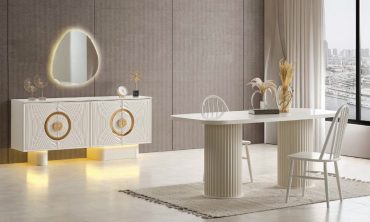 MDF Seramon Lüks Yemek Odası Takımı | Açılır Masa, Işıklı Konsol ve Flüt Desenli Ayaklar