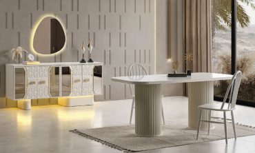 MDF Setra Yemek Odası Takımı (Sandalyesiz) | Lüks 3D Desenli Konsol, Flüt Ayaklı Masa ve Işıklı Asimetrik Ayna