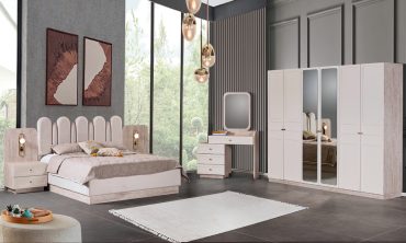 MDF Sofia Yatak Odası Takımı Bazalı | Lüks Yumuşak Başlık, Aynalı Gardırop ve Özel Komodin Tasarımı
