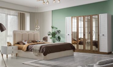 MDF Tisan Yatak Odası Takımı | Modern Country Stil, Panjur Kapaklı Gardırop ve Yarım Ay Başlık
