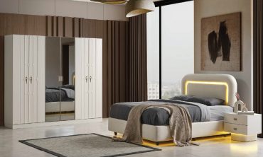 MDF Aura Yatak Odası Takımı | Modern Dekoratif Desenli Gardırop, LED Işıklı Başlık ve Lake Stil