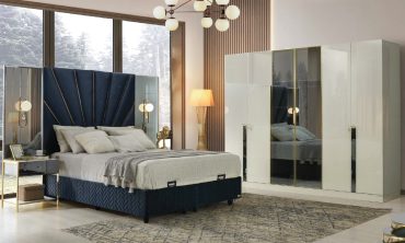 MDF Barcelona Yatak Odası Takımı | Lüks Kadife Koyu Mavi Başlık, Aynalı ve Parlak Lake Gardırop