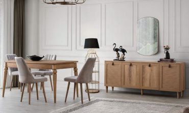 MDF Beldibi Yemek Odası Takımı (Sandalyesiz) | Doğal Ahşap, Panjur Kapaklı Konsol ve Vintage Torna Ayaklı Masa