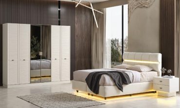 MDF Boston Yatak Odası Takımı | Modern Panjur Kapaklı Gardırop, LED Işıklı Başlık ve Lake Stil