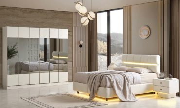 MDF Briza Yatak Odası Takımı | Minimalist Lake Stil, LED Işıklı Başlık ve Aynalı High Gloss Gardırop