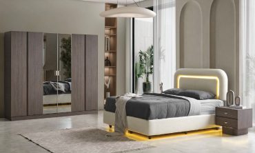 MDF Hermes Yatak Odası Takımı | Modern Gri Ceviz, LED Işıklı Başlık ve Füme Aynalı Gardırop