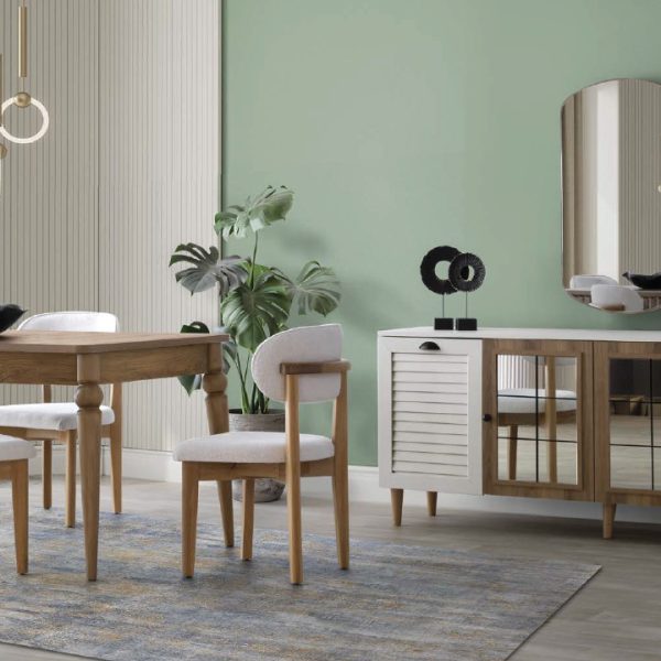 MDF Kemer Yemek Odası Takımı (Sandalyesiz) | Country Stili, Panjur Kapaklı Konsol ve Doğal Ahşap Masa