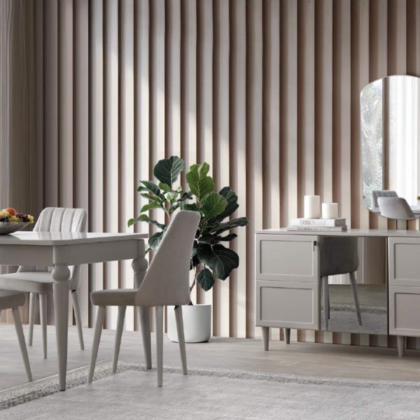 MDF Kestel Yemek Odası Takımı (Sandalyesiz) | Gri Lake Görünümlü, Aynalı Konsol ve Oymalı Ayaklı Masa