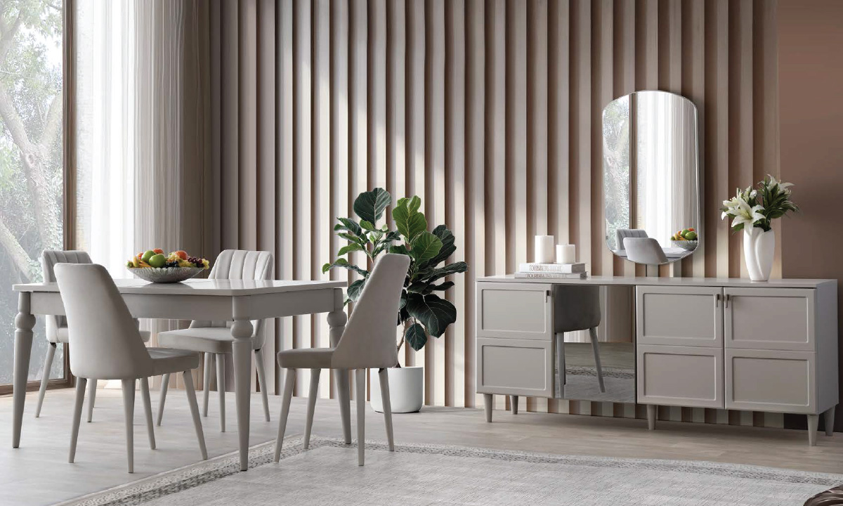 kestel yot MDF Kestel Yemek Odası Takımı (Sandalyesiz) | Gri Lake Görünümlü, Aynalı Konsol ve Oymalı Ayaklı Masa - Görsel 1