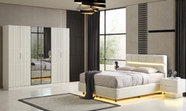 MDF Loft Yatak Odası Takımı | Modern Flüt Desenli Gardırop, LED Işıklı Başlık ve Beyaz Lake Stil