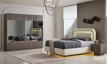 MDF Loren Yatak Odası Takımı | Modern Ceviz/Gri Tonlu, LED Işıklı Başlık ve Füme Aynalı Gardırop
