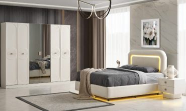 MDF Matisse Yatak Odası Takımı | Modern Oval Kapaklı Gardırop, LED Işıklı Başlık ve Lüks Lake Stil