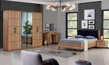 Moderna Ceviz Yatak Odası Takımı Bazalı | Ahşap Görünümlü High Gloss, Aynalı ve Fonksiyonel