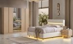 MDF Motto Yatak Odası Takımı | İskandinav Stil, LED Işıklı Başlık ve Ahşap/Aynalı Gardırop